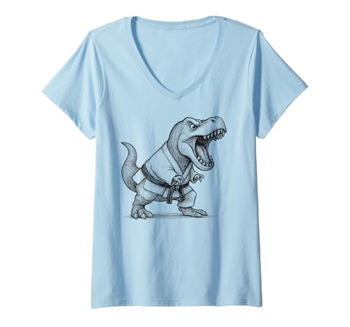 Damen Karate Saurus Rex Sketch Funny Martial Arts T-Rex Dinosaurier T-Shirt mit V-Ausschnitt von FunWearVM