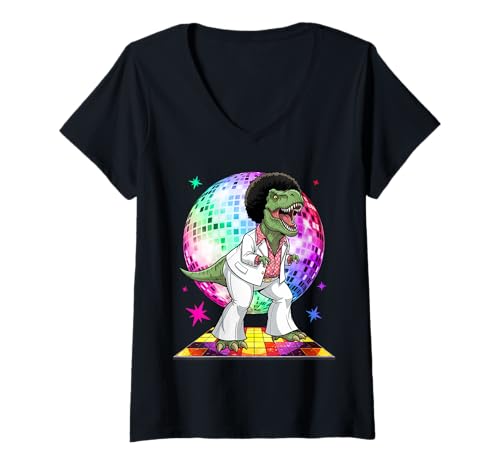 Damen T-Rex Disco Dinosaurier Funny 70s Dancing T-Shirt mit V-Ausschnitt von FunWearVM