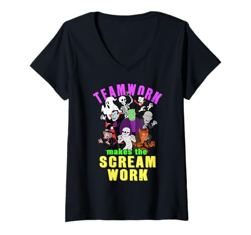 Damen Teamwork lässt den Schrei funktionieren Lustige Halloween-Monster T-Shirt mit V-Ausschnitt von FunWearVM