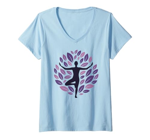 Damen Vrksasana Yoga Baum Pose Position Baum des Lebens mit Blättern T-Shirt mit V-Ausschnitt von FunWearVM
