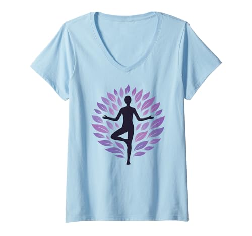 Damen Yogabaum, Pose, Lebensbaum, Blätter, Vrksasana T-Shirt mit V-Ausschnitt von FunWearVM