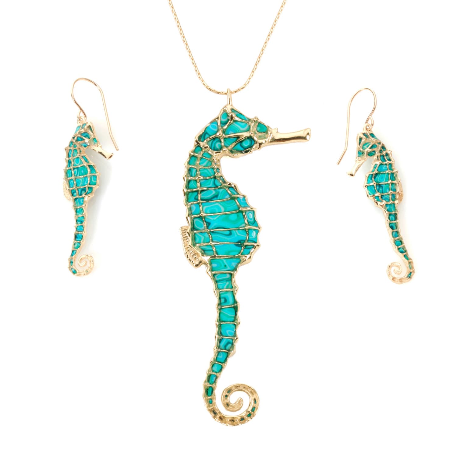 Seapferd Halskette Und Ohrringe, Schmuck Set Handgemacht Mit Türkis Oder Perle Polymer Clay, Vergoldetes Sterling Silber, Geschenk Für Die Frau Seapferd Halskette Und Ohrringe, Schmuck Set Handgemacht Mit Türkis Oder Perle Polymer Clay, Vergoldetes Sterling Silber, Geschenk Für Die Frau von FunWithMillefiori