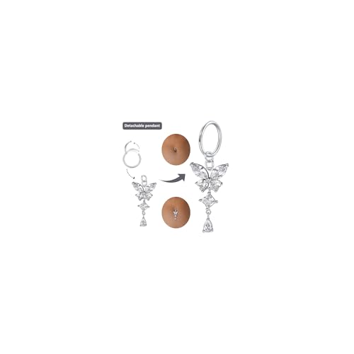 FunZing Bauchnabelpiercing Ring Dangle Butterfly Bauch Ring 14G lange Bauchnabelpiercing Schmuck 10MM Bauchnabelpiercing Bar 1 Stück Clear CZ Nabel Boday Piercing Schmuck für Frauen von FunZing