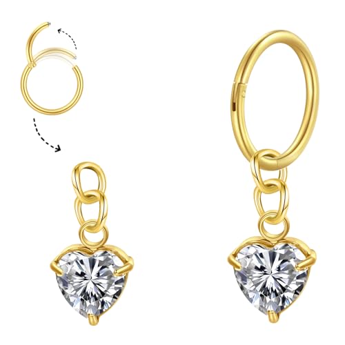 FunZing Bauchnabelpiercing baumelndes Herz 14G langer Bauchpiercing Schmuck Gold 10MM Bauchpiercing Ring Bar klar CZ Bauchnabelpiercing Schmuck für Frauen 1 Stück von FunZing