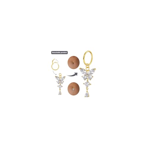 FunZing Gold Bauchnabelpiercing Ring lang 14G Dangle Bauch Ring für Frauen Schmetterling Bauchnabel Bars CZ Nabel Ringe gebogen Barbell Bauch Bar 1 Stück boday Bauch Piercing von FunZing