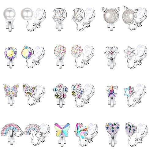 12 Paar Ohrclips Clips Ohrringe Set für Frauen Katze Herz Regenbogen Strass Metall Piercing frei von Funabridge