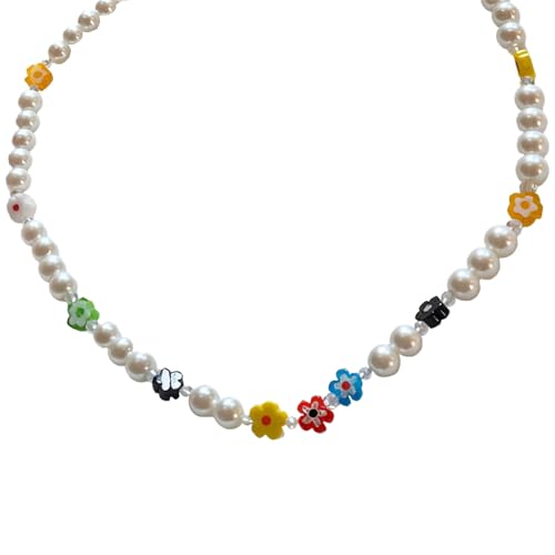 Dopamin-Perlen-Halskette für Damen, bunte Kunstperlen und Blumen-Design, verstellbare Legierung und Acryl-Kette von Funabridge