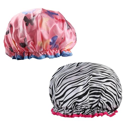 Funalix 2 Stück Duschhaube - Verdickende Wasserdichte Duschhaube mit Doppelschicht Design - Wiederverwendbare Shower Cap für Damen mit Schmetterling & Zebra Print (Schwarz/Pink) von Funalix