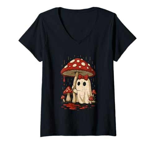 Damen Niedlicher Geist mit rotem Pilzhut T-Shirt mit V-Ausschnitt von Fungi Fantasy Spooky Whimsy Mushroom Ghost