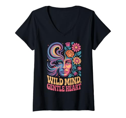 Damen Wild Mind Gentle Heart Psychedelische Gesichtsblumen T-Shirt mit V-Ausschnitt Damen Wild Mind Gentle Heart Psychedelische Gesichtsblumen T-Shirt mit V-Ausschnitt von Fungi Kingdom Creations