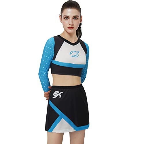 Funhoo Euphoria Maddy Perez Cheerleading Outfit Kostüm Cheerleader Uniform Top Kleid Sets Langarm Schule Cheerleading Uniform Verkleidung für Frauen Mädchen (XXL, blau) von Funhoo