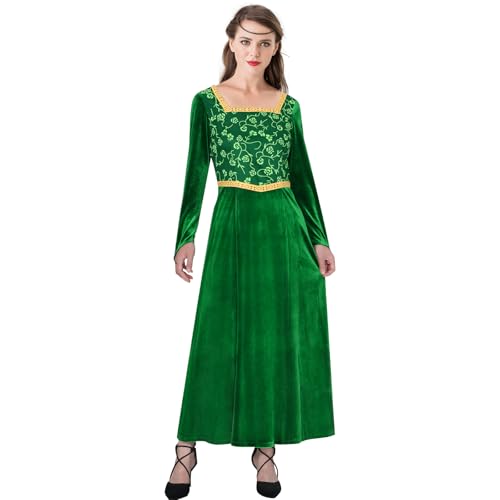 Funhoo Frauen Kleid Prinzessin Kostüm Grün Einteiliges Kleid Samt Langarm Abendkleid für Halloween Party Cosplay Outfit (XL) von Funhoo