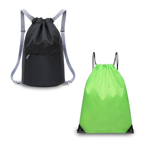 FuninCrea 2 Pack Turnbeutel Wasserdicht Stoffbeutel mit Kordelzug mit Verstellbarem Gurt, Sportbeutel Unisex Gym Rucksack Schwimmbeutel Sport Zubehör für Reisen Fitnessstudio (Schwarz+Grün) von FuninCrea