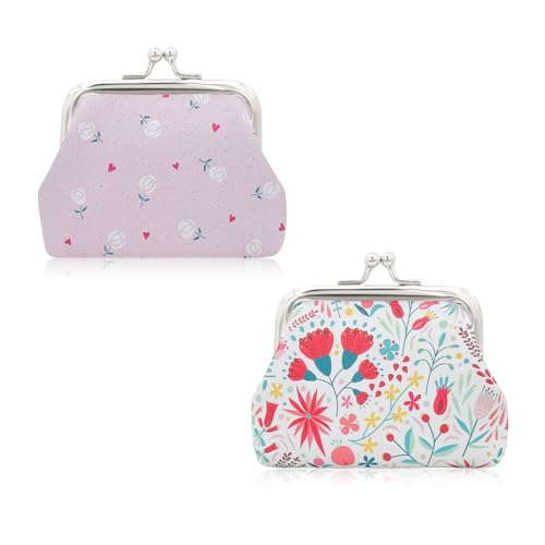 FuninCrea 2 Packungen Kiss Lock Geldbörse Kunstleder Münzbörsen mit Blumenmuster für Mädchen (3), bunt, S, 36 EU von FuninCrea