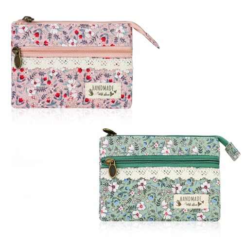 FuninCrea 2 Stück Mini Geldbeutel Damen Münzbeutel für mit 2 Reißverschlusstaschen, Blumenmuster Coin Purse Frauen und Mädchen, Baumwolle Damen Kleingeldbörse für Karte Kleingeld Münzen (Stil 1) von FuninCrea