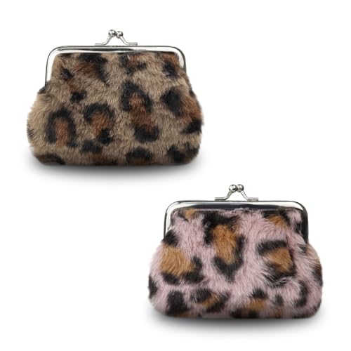 FuninCrea 2 Stücke Münzbörsen, 4inches Plüsch Münzbeutel Kleingeldbörse für Frauen und Mädchen, Mini Täschchen mit Kiss Lock, Kleine Täschchen Mini Geldbeutel Täschchen mit Leopard Muster (Stil 3) von FuninCrea