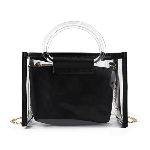 FuninCrea 5x7 Zoll Klein Crossbody Bag Damen mit Abnehmbarer Clutch-Tasche und Kettenschulterriemen, Handtasche Damen Klein Durchsichtig Damen Umhängetasche Damen Handtasche mit Griff (Schwarz) von FuninCrea