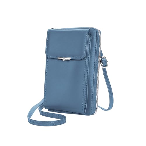 FuninCrea Crossbody Bag Damen, PU Leder Handytasche zum Umhängen mit Reißverschluss und Perlenschnalle, Handtasche Damen Klein Multi-Fach Umhängetasche Damen Klein für Handy, Karte (Blau) von FuninCrea