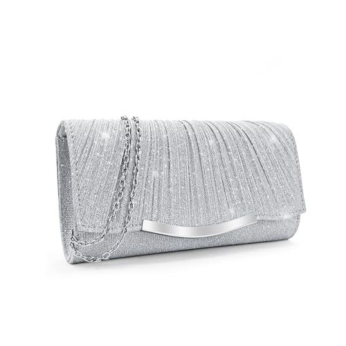 FuninCrea Damen Clutches: Elegant Silberne Pailletten Abendtasche mit Abnehmbarer Kette für Hochzeiten, Bankette, Proms - Klein von FuninCrea