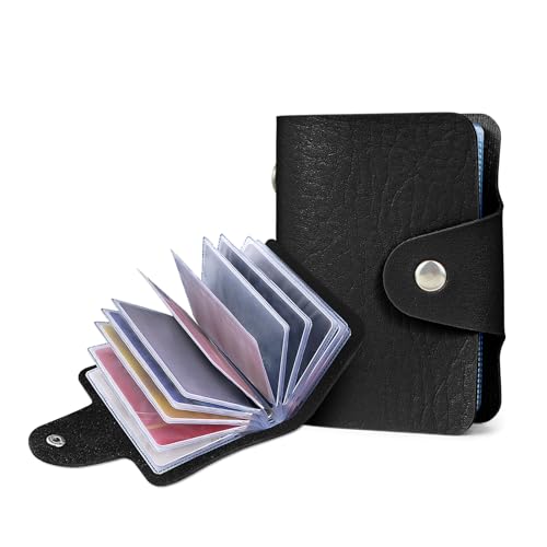 FuninCrea Damen-Geldbörse, Kunstleder, Kreditkartenetui mit 12 doppelseitigen Ärmeln, 24 Kartenfächer, Kreditkartenetui, kompakte Damengeldbörse, Kartenaufbewahrung mit Schnappverschluss, Schwarz , S von FuninCrea