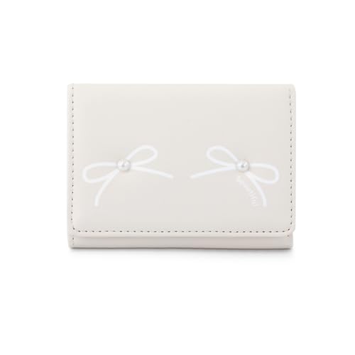 FuninCrea Damen-Geldbörse aus PU-Leder mit Ausweisfenster und 6 Kreditkartenfächern, tragbare Damengeldbörse mit Schleifenmuster und kleinen Perlen zum Verstauen in Tasche und Handtasche, beige, von FuninCrea