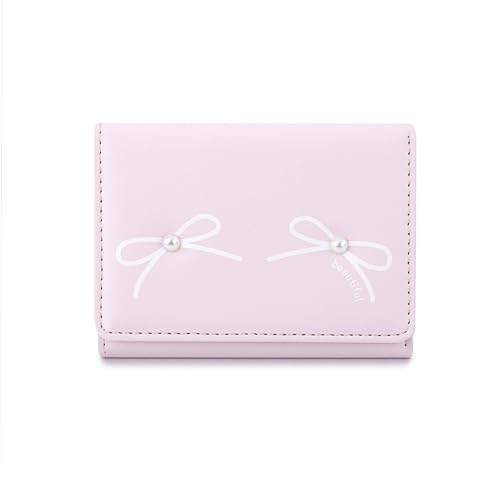 FuninCrea Damen-Geldbörse aus PU-Leder mit Ausweisfenster und 6 Kreditkartenfächern, tragbare Damengeldbörse mit Schleifenmuster und kleinen Perlen zum Verstauen in Tasche und Handtasche, rose, von FuninCrea