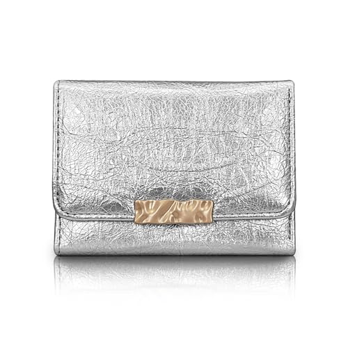 FuninCrea Damen Geldbörsen Dreifach Damen Portemonnaie mit Herzförmigem Ausweisfenster und 7 Kreditkartenfächern, Frauen Portmonee PU Leder Einfarbig Minimalistisch Geldbörse Damen Klein (Silbrig) von FuninCrea