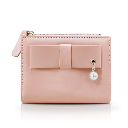FuninCrea Damen Geldbörsen Kunstleder Damen Portemonnaie mit 5 Kreditkartenfächern und Ausweisfenster, Frauen Portmonee Modisch Kleine Geldbörse mit Schleife, Perlenverzierung und Münztasche (Rosa) von FuninCrea