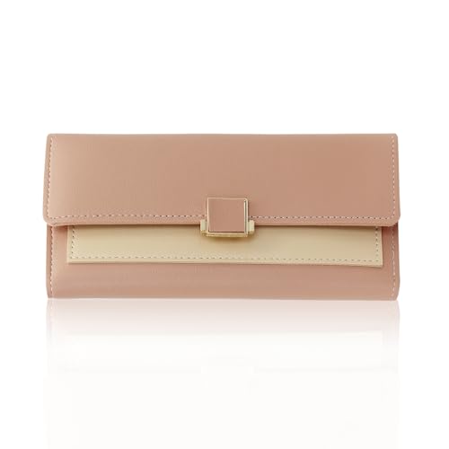 FuninCrea Damen Geldbörsen Lange PU Leder Portemonnaie Damen mit Reißverschlusstasche und Ausweisfenster, 9 Kreditkartenfächer Damen Geldbörse Dreifach Frauen Portmonee mit Schnappverschluss (Rosa) von FuninCrea