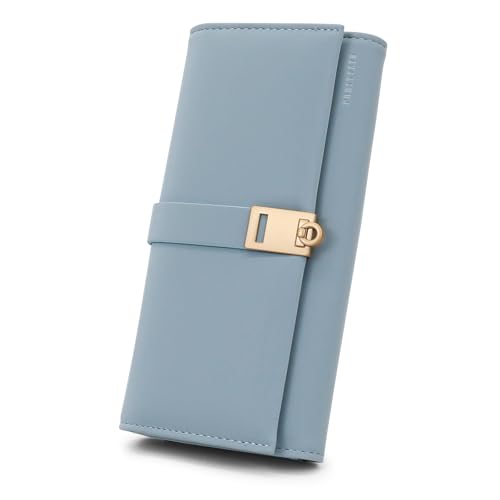 FuninCrea Damen Geldbörsen Leder Damen Portemonnaie mit 9 Kreditkartenfächern und Ausweisfenster, Große Kapazität Geldtasche Damen Lang Frauen Portmonee mit 3 Bargeldfächern und Münzfach (Blau) von FuninCrea