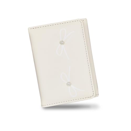 FuninCrea Damen Geldbörsen PU-Leder Geldbeutel Damen mit Ausweisfenster und 6 Kreditkartenfächern, Kartenhalter Portemonnaie Tragbar Damen Geldbeutel mit Schleifenmuster und Kleinen Perlen (Beige) von FuninCrea