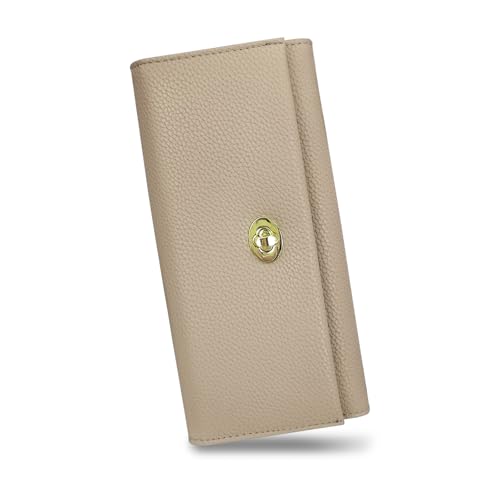 FuninCrea Damen Geldbörsen PU-Leder Portmonee Damen mit Mehreren Kartenschlitzen und ID-Fenstern, Damen Portemonnaie Solide Damen Geldbeutel Stilvoll Damen Portemonnaie Leder (L, Khaki) von FuninCrea