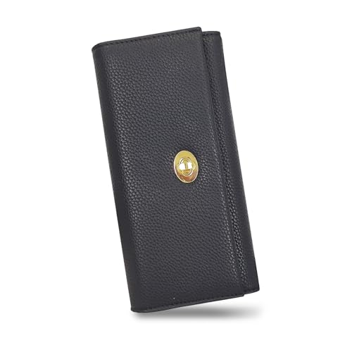 FuninCrea Damen Geldbörsen PU-Leder Portmonee Damen mit Mehreren Kartenschlitzen und ID-Fenstern, Damen Portemonnaie Solide Damen Geldbeutel Stilvoll Damen Portemonnaie Leder (L, Schwarz) von FuninCrea