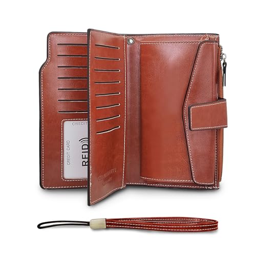 FuninCrea Damen Geldbörsen RFID Große Kapazität Geldbörse Damen Leder mit 20 Kreditkartenfächern und Münzfach mit Reißverschluss, Damen Portemonnaie Modisch Geldtasche Damen mit Handschlaufe (Braun) von FuninCrea