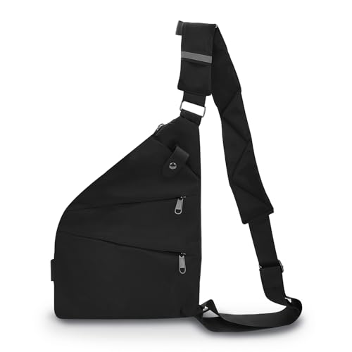 FuninCrea Diebstahlsichere Reisetasche, Sling Bag Herren Damen mit 4 Taschen und Reflektorstreifen, Diebstahlsichere Tasche Nylon Wasserdicht Schultertasche Herren (Rechte Schulter, schwarz) von FuninCrea
