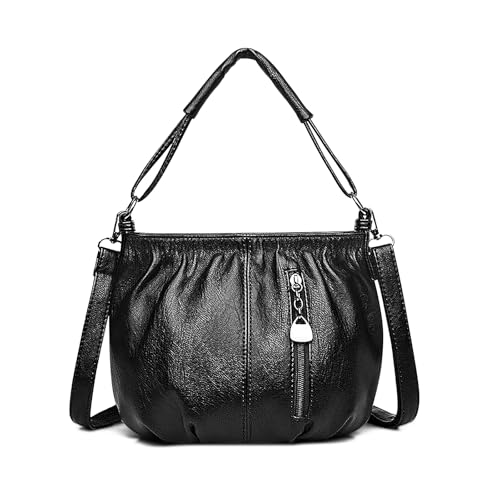 FuninCrea Frauen Schultertaschen Vintage PU-Leder Crossbody Bag Damen, 2 Reißverschlusstasche Klein Tote Bag Damen Handtasche mit Langem Handgriff und Abnehmbarem Schulterriemen (Schwarz) von FuninCrea