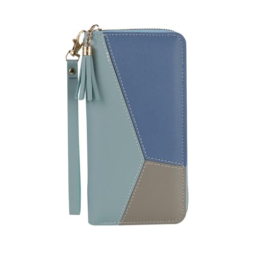 FuninCrea Geldbeutel Damen Groß mit Quastenreißverschluss und Handgelenkband, Geldbörse Damen Gross mit Münzfach, PU-Leder Portemonnaie Damen Geldbörse mit Mehreren Fächern für Karten (Blau) von FuninCrea
