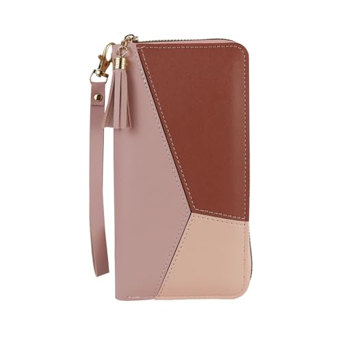 FuninCrea Geldbeutel Damen Groß mit Quastenreißverschluss und Handgelenkband, Geldbörse Damen Gross mit Münzfach, PU-Leder Portemonnaie Damen Geldbörse mit Mehreren Fächern für Karten (Rosa) von FuninCrea