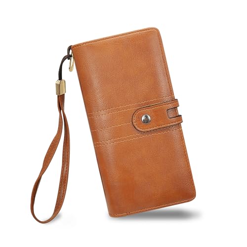 FuninCrea Geldbörse Damen Groß Portemonnaie Damen mit Abnehmbarem Trageriemen und ID-Fenster, Geldbeutel Damen Lange Portmonee Damen PU-Leder Brieftasche Damen mit 12 Kartenfächern (Braun) von FuninCrea