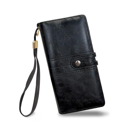 FuninCrea Geldbörse Damen Groß Portemonnaie Damen mit Abnehmbarem Trageriemen und ID-Fenster, Geldbeutel Damen Lange Portmonee Damen PU-Leder Brieftasche Damen mit 12 Kartenfächern (Schwarz) von FuninCrea