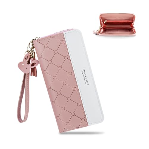 FuninCrea Geldbörse Damen Leder Portemonnaie Damen, Geldbörse Damen Gross mit Quastenreißverschluss und Handgelenkband, Mehreren Kartenfächern Damen Portemonnaie Groß mit Münzfach für Münzen (Rosa) von FuninCrea