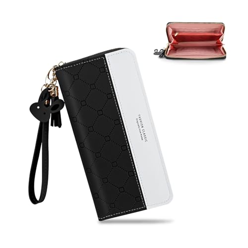 FuninCrea Geldbörse Damen Leder Portemonnaie Damen, Geldbörse Damen Gross mit Quastenreißverschluss und Handgelenkband, Mehreren Kartenfächern Damen Portemonnaie Groß mit Münzfach für Münzen (Schwarz) von FuninCrea