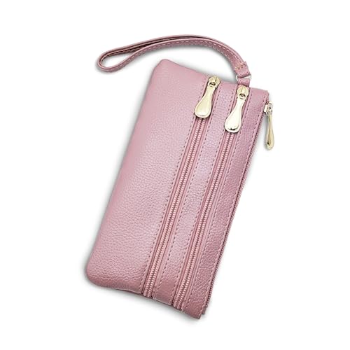 FuninCrea Geldbörse Damen Leder Portemonnaie Damen Gross, 3 Reißverschlusstaschen Geldbeutel Damen Groß Portmonee Damen Lang Bauchtasche Damen Groß Damen Geldbörse mit Handschlaufe (Rosa) von FuninCrea