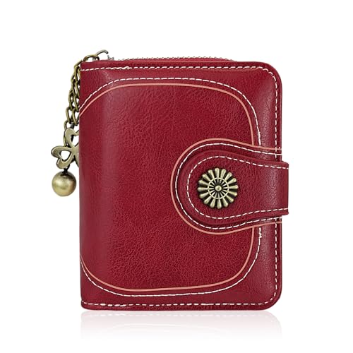 FuninCrea Geldbörse Damen Leder Portemonnaie Damen Klein Geldbeutel Frauen mit ID-Fenster und Abnehmbarem Anhänger, Große Kapazität Portmonee Frauen Klassisch mit 5 Kartenfächern (rot) von FuninCrea