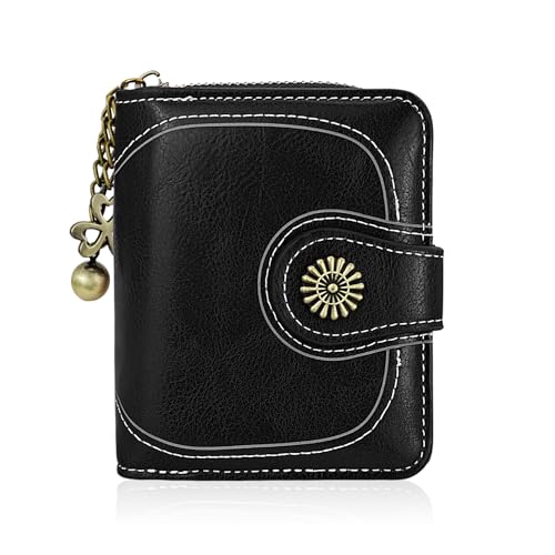 FuninCrea Geldbörse Damen Leder Portemonnaie Damen Klein Geldbeutel Frauen mit ID-Fenster und Abnehmbarem Anhänger, Große Kapazität Portmonee Frauen Klassisch mit 5 Kartenfächern (Schwarz) von FuninCrea