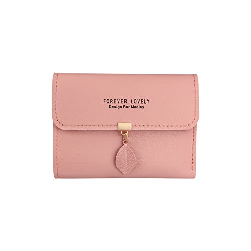 FuninCrea Geldbörse Damen mit Blatt Anhänger, PU Leder Damen Geldbeutel Klein mit Metall Druckknopf, Bifold Portemonnaie Damen Kurze Portmonee Damen mit Mehreren Karten Slots für Mädchen (Rosa) von FuninCrea