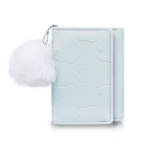 FuninCrea Geldbörse Damen mit Herzförmigem ID-Fenster und Pom Pom, Portemonnaie Damen Klein Geldbeutel Damen PU-Leder Portmonee Damen Tragbar Brieftasche Damen mit 7 Kartenfächern (Blau) von FuninCrea