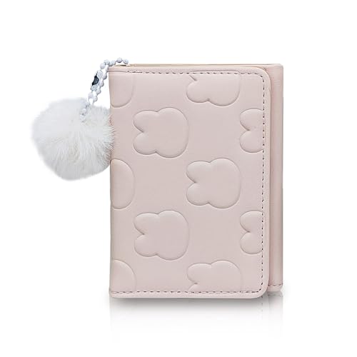 FuninCrea Geldbörse Damen mit Herzförmigem ID-Fenster und Pom Pom, Portemonnaie Klein PU-Leder Tragbar Brieftasche mit 7 Kartenfächern (Rosa) von FuninCrea