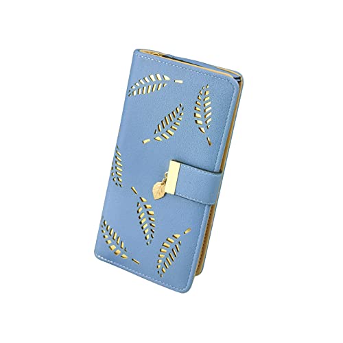 FuninCrea Geldbörse – Damengeldbörse mit hohlem Blatt, lange Geldbörse aus PU-Leder für Damen, mit mehreren Kartenfächern, doppelte Brieftasche, Klapptasche, Geldbörse mit Verschluss, blau, S, von FuninCrea