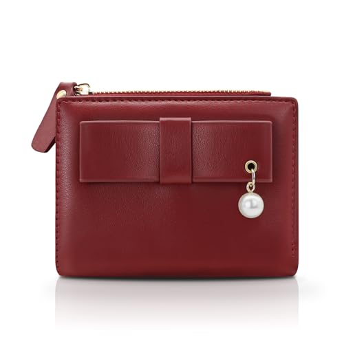 FuninCrea Geldbörse für Damen, Kunstleder, Kartenhalter, Geldbörse mit 5 Kreditkartenfächern und Ausweisfenster, modische Geldbörsen für Frauen mit Schleife, Perlenverzierung und Münzfach mit von FuninCrea